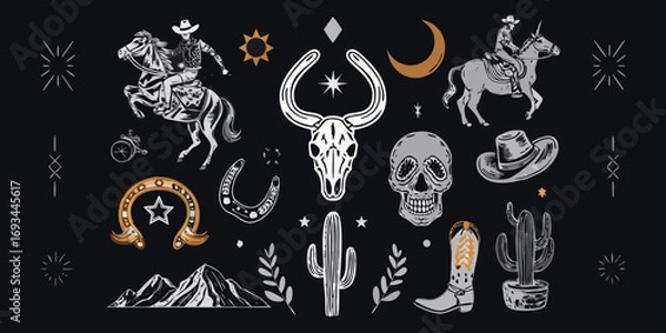 Fototapeta Western cowboy and desert elements collection with skull cactus and horseshoe on black background