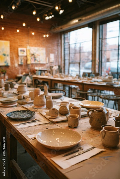 Fototapeta A pottery workshop with clay pieces on tables Funders admire and support traditional art making