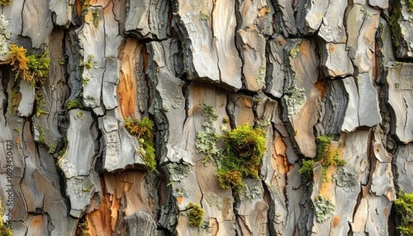 Fototapeta Willow tree bark texture with soft vertical lines, subtle moss patches, muted grayish