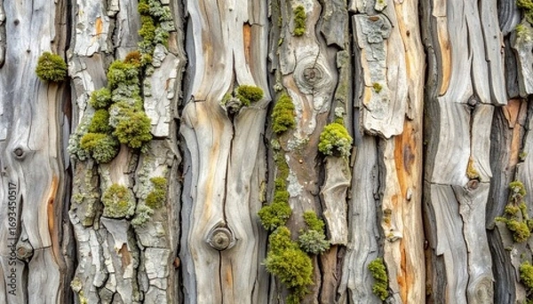 Fototapeta Willow tree bark texture with soft vertical lines, subtle moss patches, muted grayish