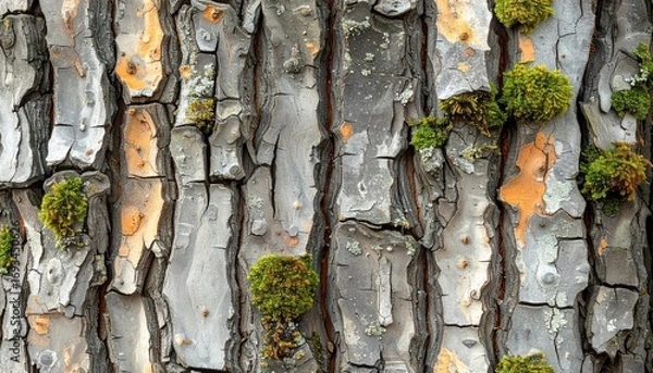 Fototapeta Willow tree bark texture with soft vertical lines, subtle moss patches, muted grayish