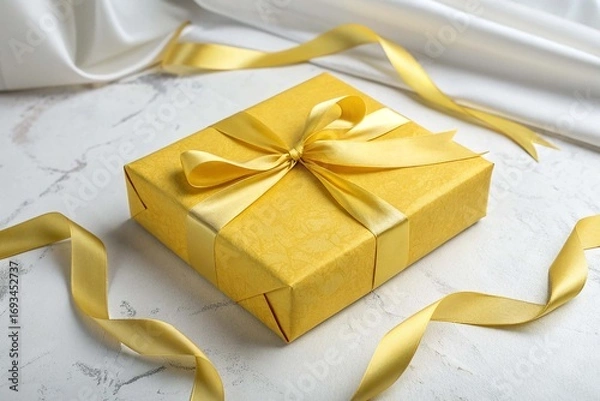 Fototapeta Rectangular box with a gift wrapped in yellow paper and tied with a silk yellow ribbon, on white background