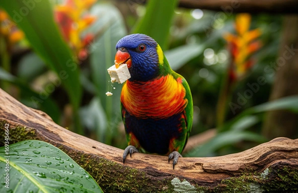 Fototapeta  A colorful rainbow lorikeet is perched on a thick, mossy branch, holding a piece of white food in its beak. The bird is the focal point, with lush green foliage and vibrant orange flowers in the blur
