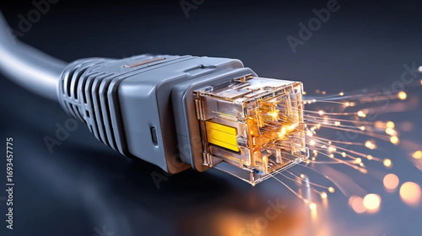 Fototapeta macro of RJ45 connector being inserted sparks of data flow visualization dark environment illustration concept scene visual for commercial design use high detail quality stock image illustration conce