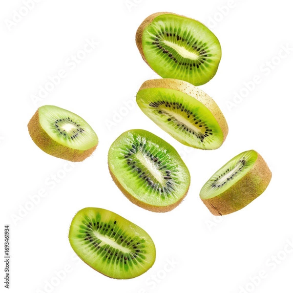 Fototapeta Falling slices of Kiwi isolate on transparency background
