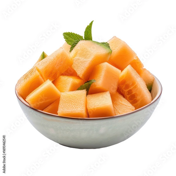 Fototapeta Cantaloupe melon chunks in a bowl isolate on transparency background