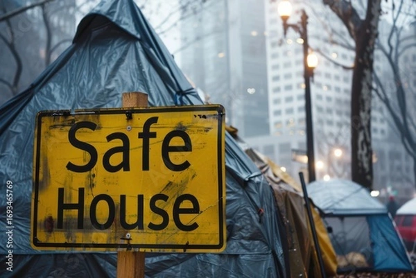 Fototapeta Yellow "Safe House" sign stands prominently amidst makeshift tents in a foggy urban environment with blurred city buildings in the background