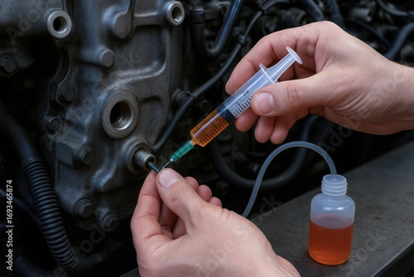 Fototapeta Vehicle fuel system oil analysis procedure with technician extracting fluid using syringe for laboratory testing and industry monitoring