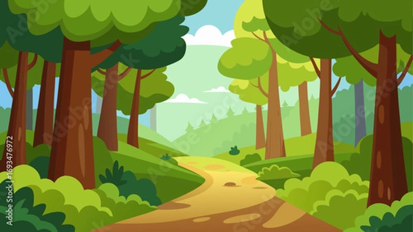 Obraz Cartoon forest path with green trees view