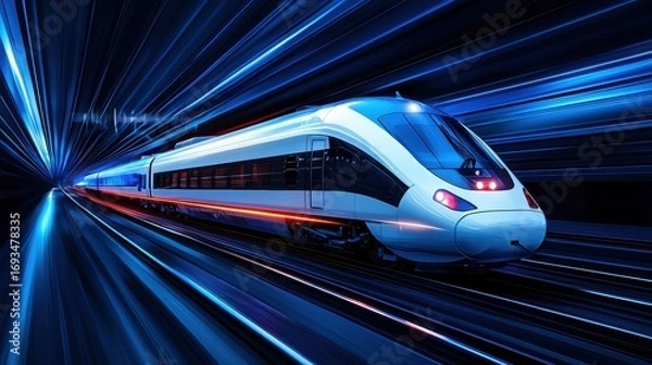 Fototapeta Futuristic high-speed train in motion through a neon tunnel