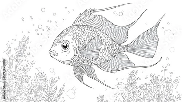 Obraz Coloring Page for 3-Year-Old Kids – A Cute Angelfish, Fun and Easy Line Art Drawing for Early Learning, Creativity, and Playful Activity