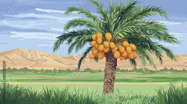Obraz Detailed Colorful Vector Palm Trees in Desert – Vibrant Tropical Landscape Illustration with Exotic Oasis, Sand Dunes, and Nature Elements for Creative Design Projects