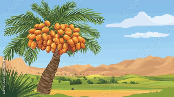 Obraz Detailed Colorful Vector Palm Trees in Desert – Vibrant Tropical Landscape Illustration with Exotic Oasis, Sand Dunes, and Nature Elements for Creative Design Projects