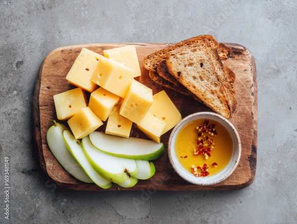 Fototapeta Wooden board with cubed and sliced cheese, green apple slices, toasted bread, and a bowl of chili-infused olive oil for dipping.
