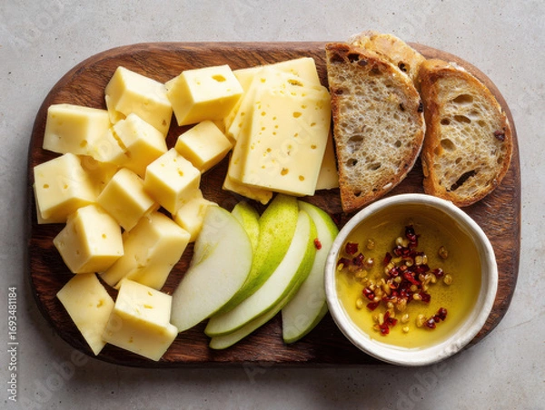 Fototapeta Wooden board with cubed and sliced cheese, green apple slices, toasted bread, and a bowl of chili-infused olive oil for dipping.
