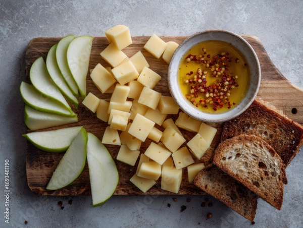 Fototapeta Wooden board with cubed and sliced cheese, green apple slices, toasted bread, and a bowl of chili-infused olive oil for dipping.
