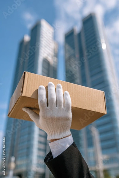 Fototapeta A white-gloved hand raises a cardboard box against a backdrop of modern skyscrapers, symbolizing delivery, service, and logistics in the city.
