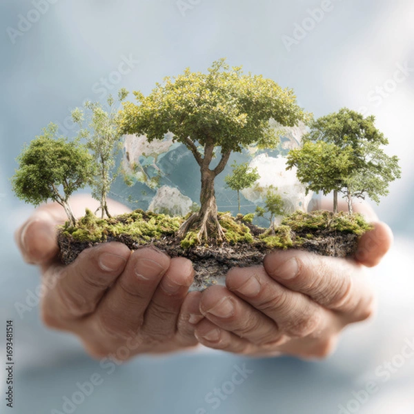 Fototapeta A pair of hands gently holds a small piece of earth with trees growing on it, symbolizing environmental care and global sustainability.
