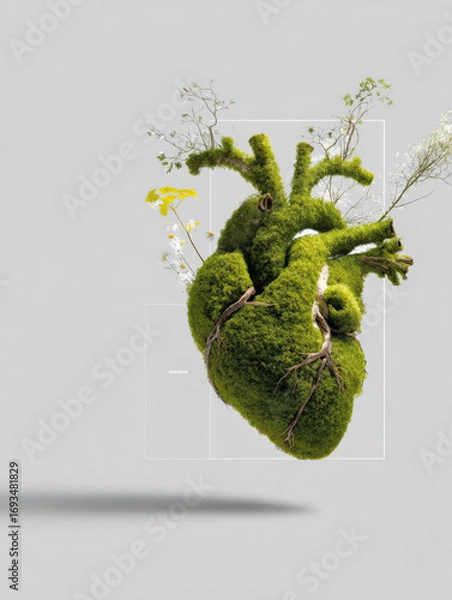 Fototapeta A surreal green heart sculpture covered in moss and small plants, symbolizing the connection between nature, life, and sustainability.
