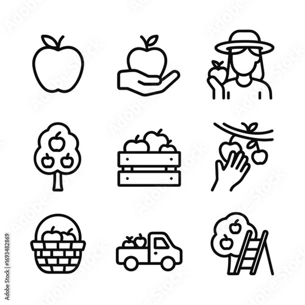 Fototapeta Red apple orchard symbols collection. Outline symbols. Line design