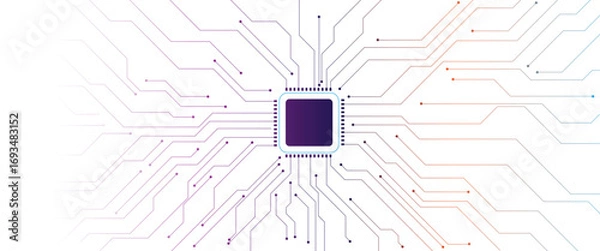 Fototapeta AI chip glows bright white and pink neon light. Tech background. Circuit board layout