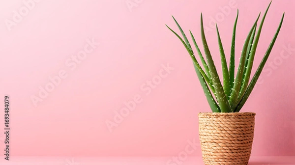 Fototapeta Aloe vera plant in a wicker pot on a pink background with space for text. Illustration of a plant background.