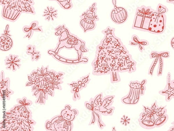 Fototapeta Cute hand Painted Christmas seamless Pattern, Minimal Line Art Holiday textile design for fabric and cards.	
