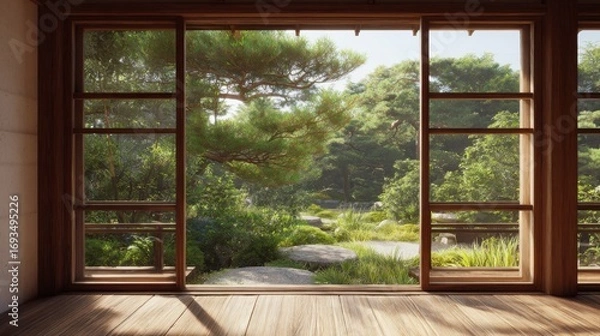 Fototapeta Open Window View to Green Garden and Nature Landscape