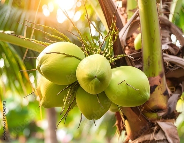 Obraz Green coconuts on palm tree