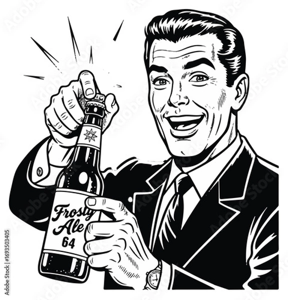 Fototapeta Retro man joyfully opening a bottle of Frosty Ale 64, celebrating with a big smile and a classic look.