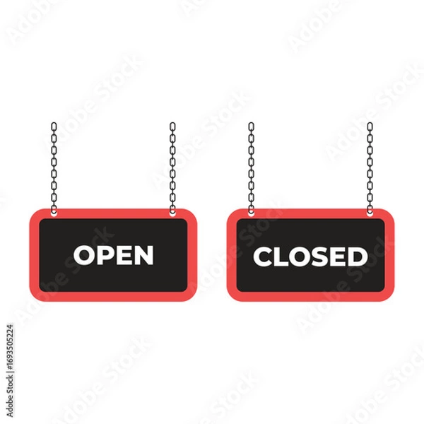 Obraz Open and Closed Hanging Sign Icons with Chains and Bold Typography for Shops