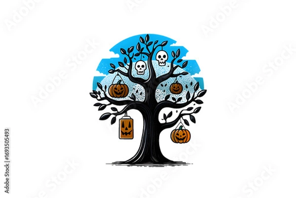 Fototapeta Halloween tree with pumpkins and skulls hanging from branches isolated on transparent background