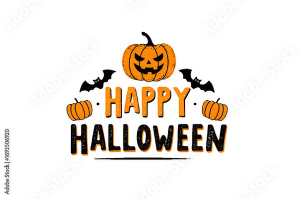 Fototapeta Happy halloween vector illustration isolated on transparent background with pumpkins and bats decoration