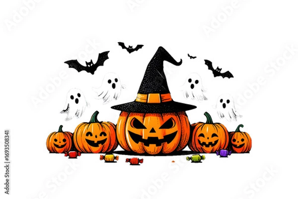 Fototapeta Halloween pumpkins with witch hat, bats and ghosts isolated on transparent background holiday concept