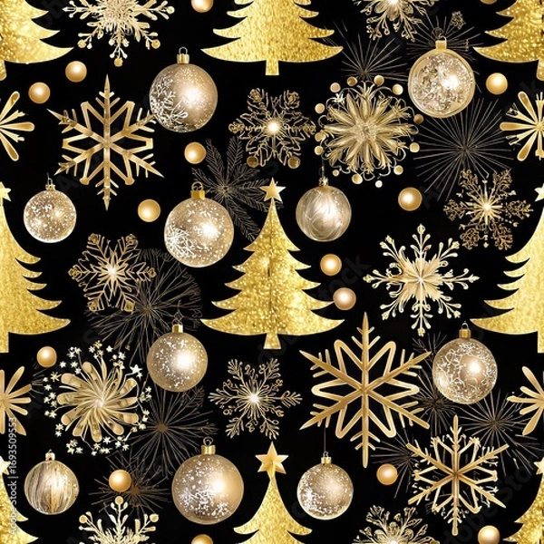 Fototapeta Luxurious black Christmas pattern with golden trees, baubles and snowflakes creating premium holiday seamless design
