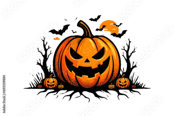 Fototapeta A scary halloween pumpkin with bats flying in the background isolated on transparent background