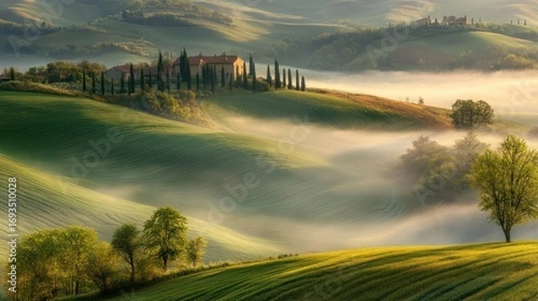 Fototapeta Enchanting tuscan landscape view with rolling hills, cypress trees and morning mist creates a