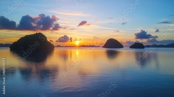Fototapeta Serene seascape capturing island silhouettes as the sun dips below the horizon creating vivid