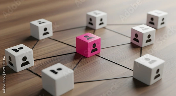Fototapeta Pink cube stands out in network of people icons, symbolizing leadership or unique identity