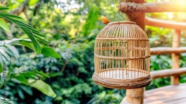 Fototapeta Vintage bamboo birdcage swaying gently on a nature sanctuary veranda evokes tranquility