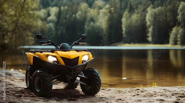 Fototapeta Illustration of a yellow electric ATV on a lake with empty space in the background. Illustration of a tourist ATV background.