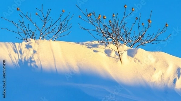 Fototapeta Winter landscape featuring snowy terrain and bare branches against a bright blue sky