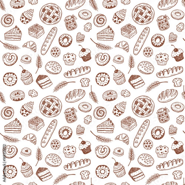 Fototapeta Wektor wzór z ręcznie rysowane doodle wyrobów piekarniczych i ciastek