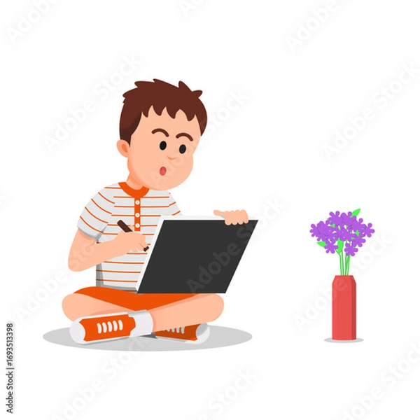 Fototapeta A boy sits on the floor drawing a flower placed in front of him