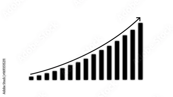 Fototapeta A simple black and white graphic illustration depicting a bar chart with an upward trending arrow showing growth and progress in business or finance