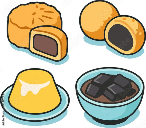 Fototapeta A collection of four popular Asian desserts: mooncake, sesame ball, mango pudding, and grass jelly, depicted in a cute cartoon vector style.