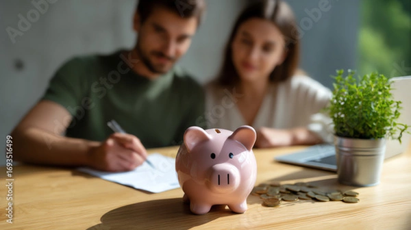 Fototapeta A couple is focused on paperwork at a wooden table with a piggy bank, coins, a laptop, and a small potted plant, symbolizing financial planning or budgeting together