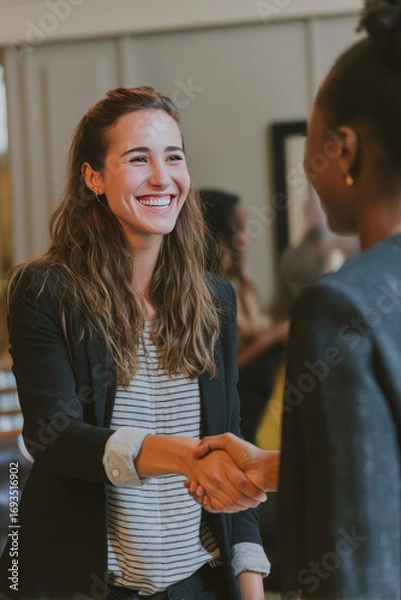 Fototapeta A foundation leader shaking hands with a new employee hired through their initiative Smiles show gratitude on both sides