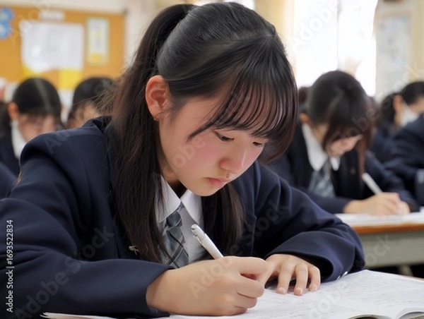 Fototapeta 真剣に勉強に取り組む日本人女子学生の教室風景