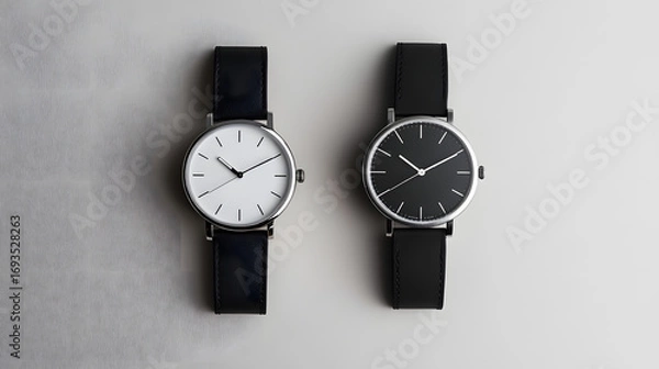 Fototapeta Two watches on a gray background. Illustration of a clock display background.
